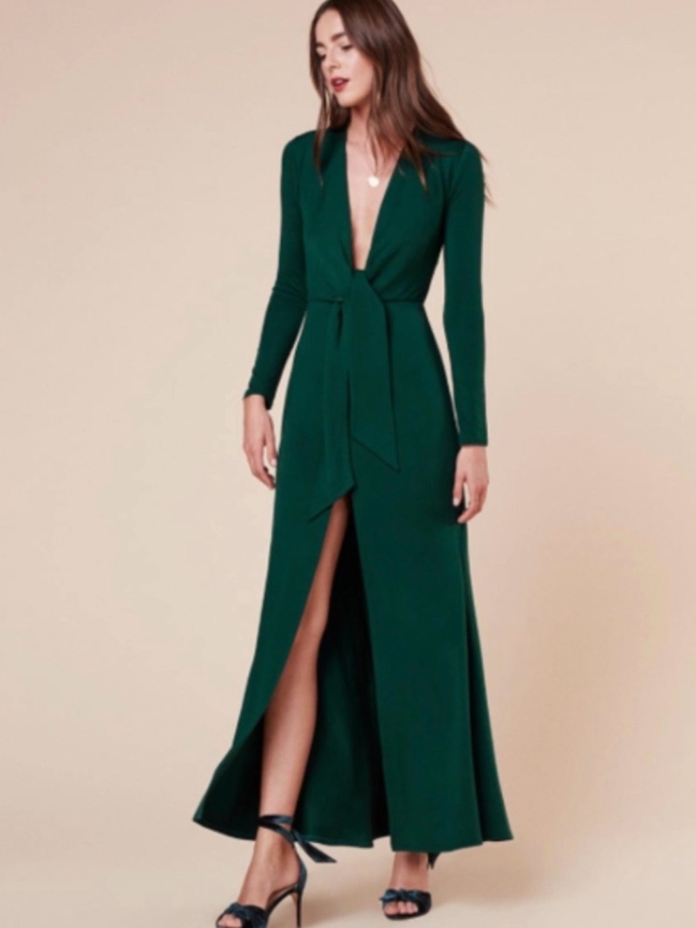 Reformation Aria Tie Front Maxi Long Sleeve Dress Emerald Green Sz Small